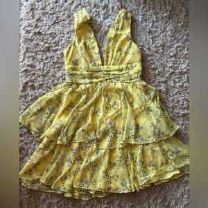 AQUA Luxe Yellow Floral Tiered Mini Dress